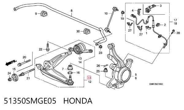 Braço oscilante inferior direito de suspensão dianteira 51350SMGE05 Honda