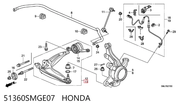 Braço oscilante inferior esquerdo de suspensão dianteira 51360SMGE07 Honda