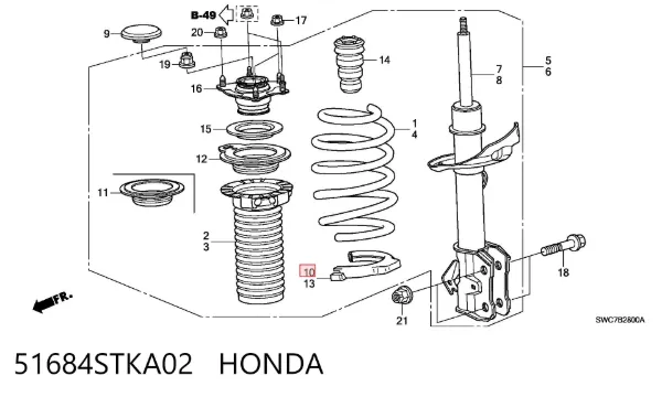 Espaçador (anel de borracha) da mola dianteira inferior 51684STKA02 Honda