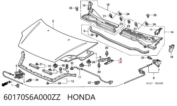 Gozno da capota esquerdo 60170S6A000ZZ Honda