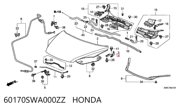 Gozno da capota esquerdo 60170SWA000ZZ Honda