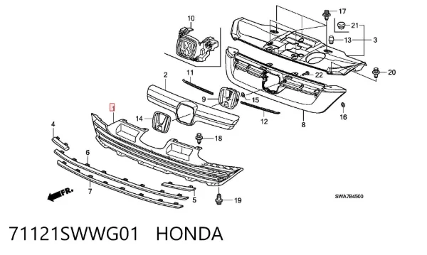 Grelha do radiador 71121SWWG01 Honda