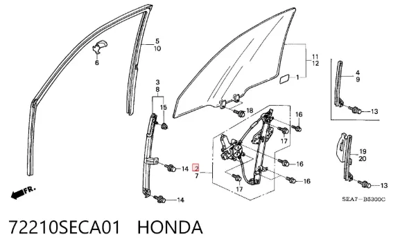Mecanismo de acionamento de vidro da porta dianteira direita 72210SECA01 Honda