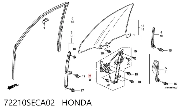 Mecanismo de acionamento de vidro da porta dianteira direita 72210SECA02 Honda