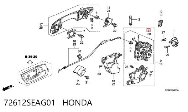 Fecho da porta traseira direita 72612SEAG01 Honda