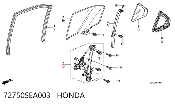 Mecanismo de acionamento de vidro da porta traseira esquerda 72750SEA003 Honda