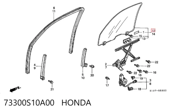 Vidro da porta dianteira direita 73300S10A00 Honda