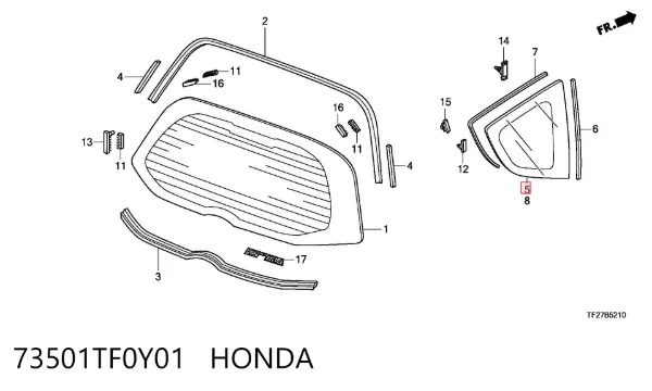 Vidro de carroçaria (da seção de bagagem) direito 73501TF0Y01 Honda