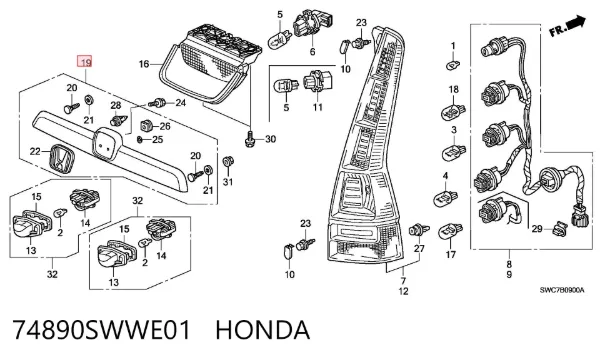 Moldura de tampa de porta-malas 74890SWWE01 Honda