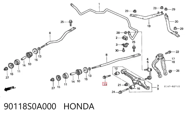 Parafuso de fixação de braço oscilante dianteiro, inferior 90118S0A000 Honda