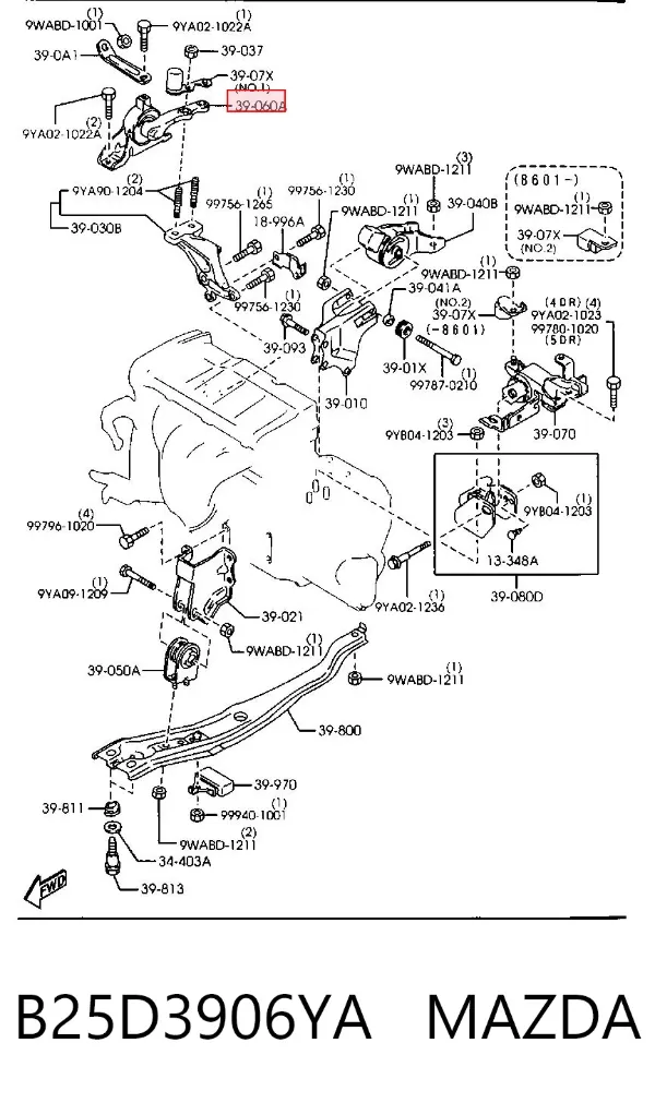 Coxim (suporte) direito de motor B25D3906YA Mazda