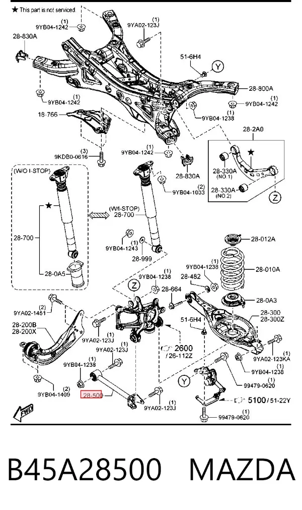 Braço oscilante de suspensão traseira transversal B45A28500 Mazda