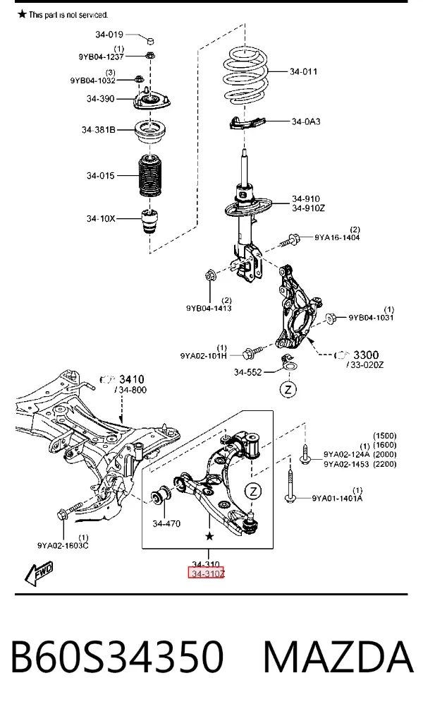 Braço oscilante inferior esquerdo de suspensão dianteira B60S34350 Mazda