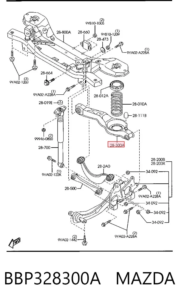 Braço oscilante inferior esquerdo de suspensão traseira/direita BBP328300A Mazda