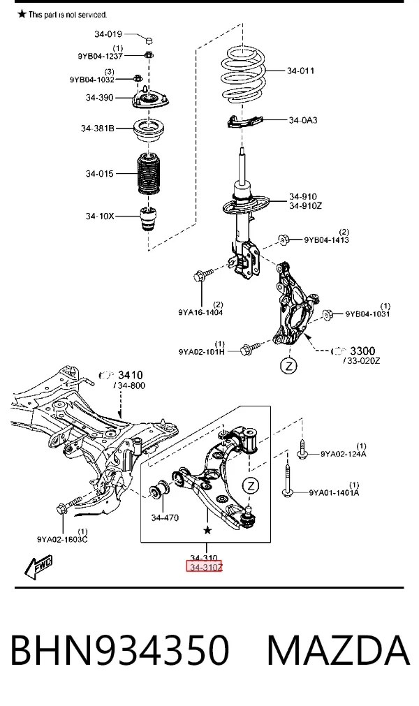 Braço oscilante inferior esquerdo de suspensão dianteira BHN934350 Mazda