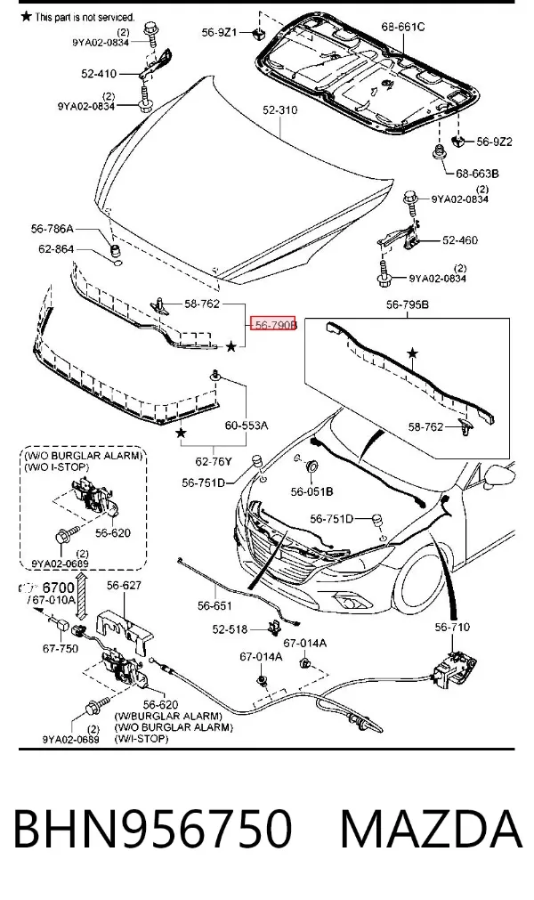 Vedação da capota BHN956750 Mazda