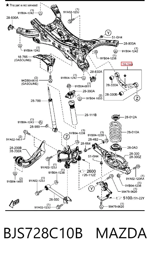 Braço oscilante de suspensão traseira transversal BJS728C10B Mazda