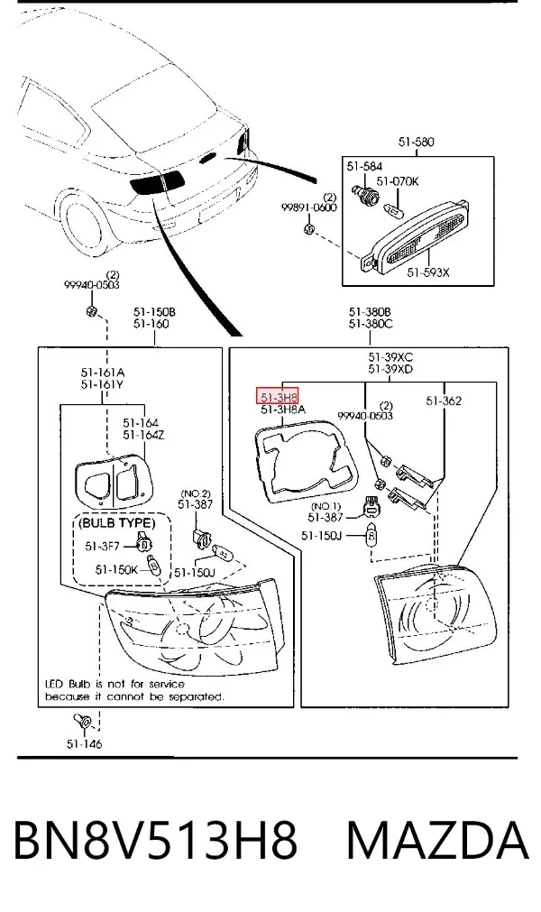 Compactador da luz traseira interna BN8V513H8 Mazda