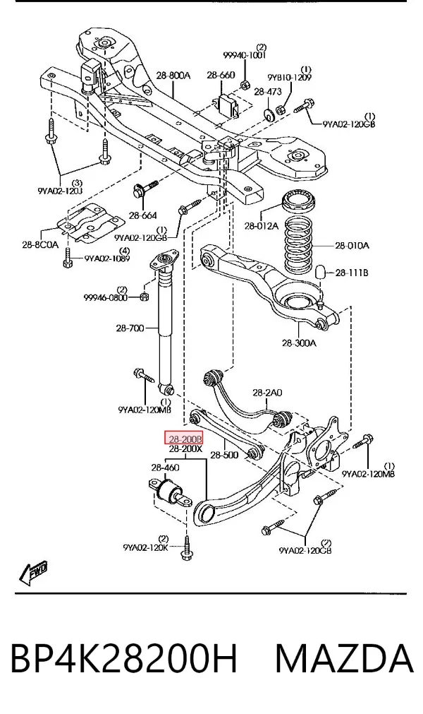 Braço oscilante (tração) longitudinal inferior direito de suspensão traseira BP4K28200H Mazda