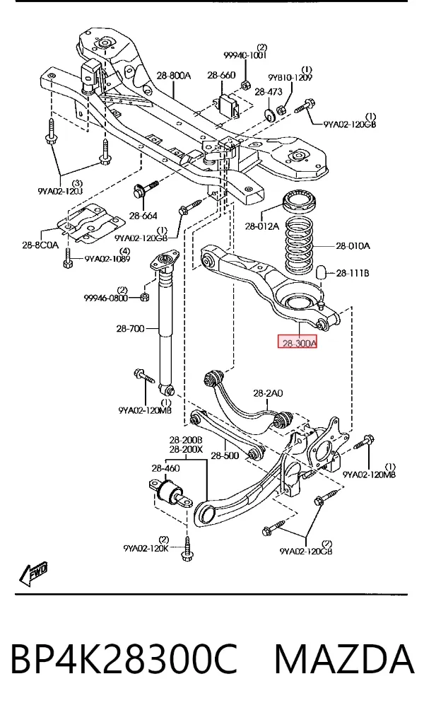 Braço oscilante inferior esquerdo de suspensão traseira/direita BP4K28300C Mazda