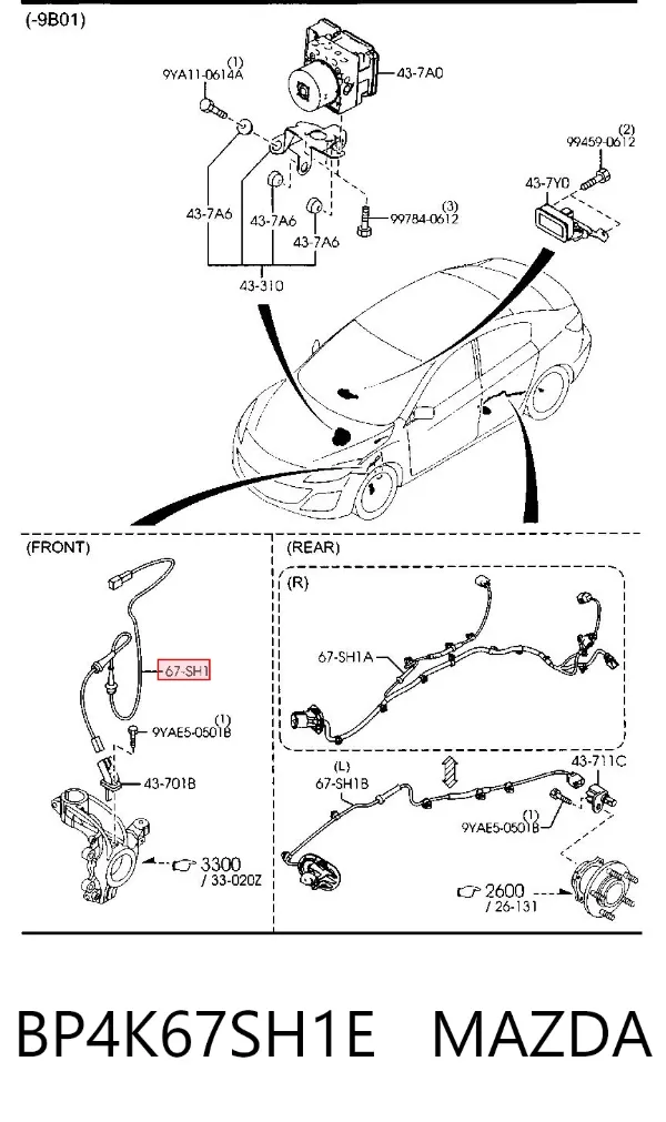 Fio dianteiro direito de sensor ABS BP4K67SH1E Mazda