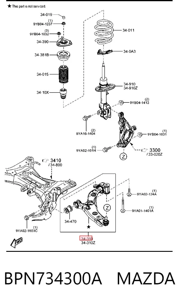 Braço oscilante inferior direito de suspensão dianteira BPN734300A Mazda