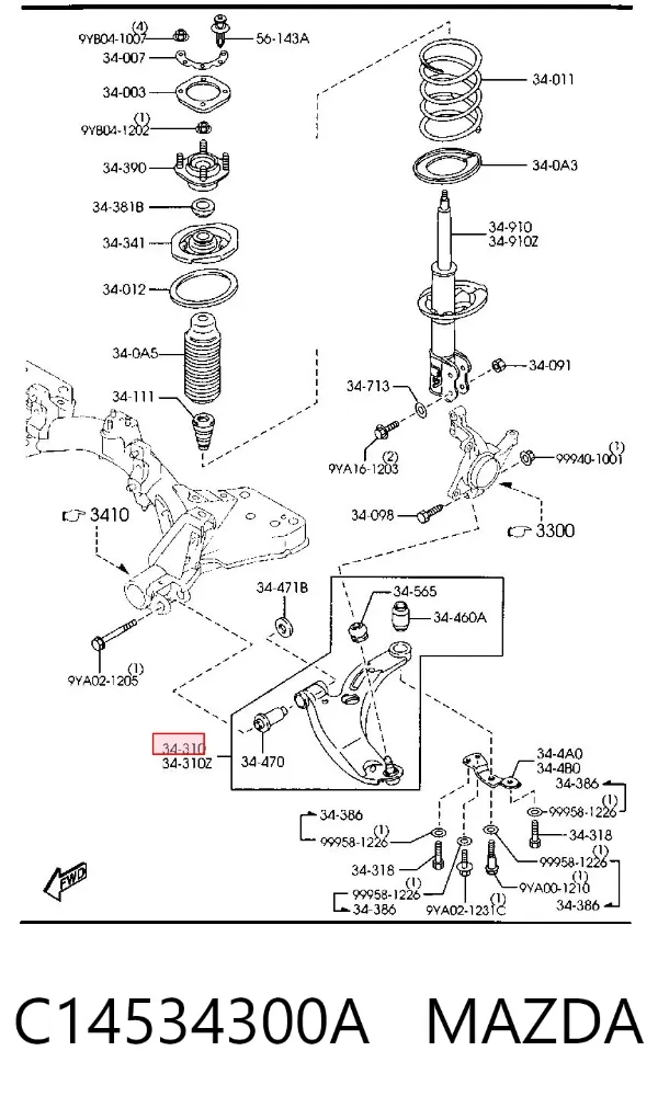 Braço oscilante inferior direito de suspensão dianteira C14534300A Mazda