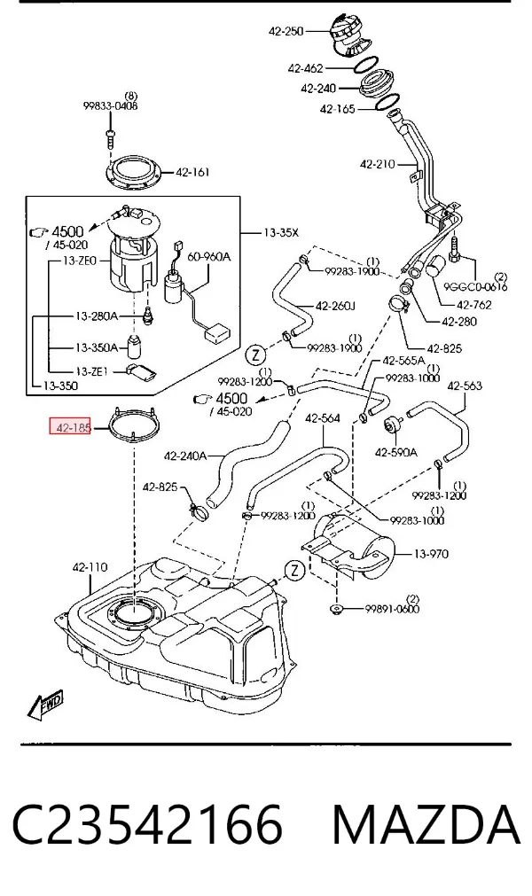 Vedante de sensor do nível de combustível/da bomba de combustível (tanque de combustível) C23542166 Mazda