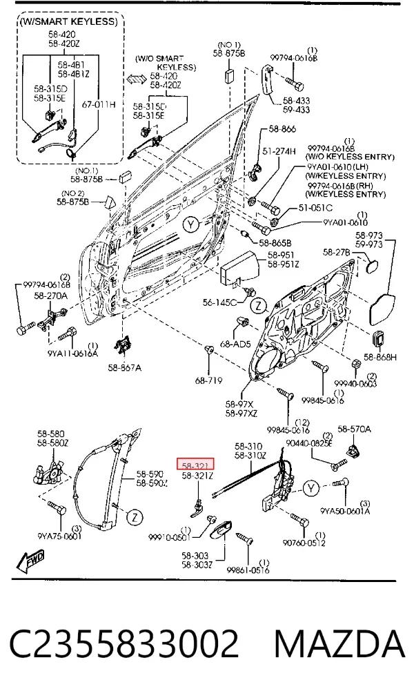 Maçaneta interna dianteira/traseira da porta direita C2355833002 Mazda