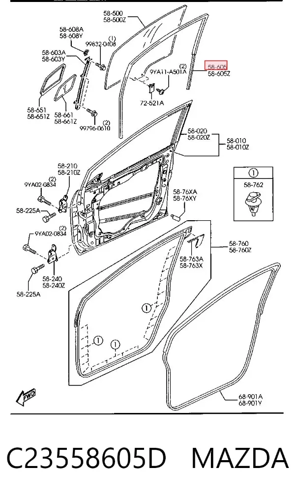 Guia de vidro de quadro da porta dianteira direita C23558605D Mazda