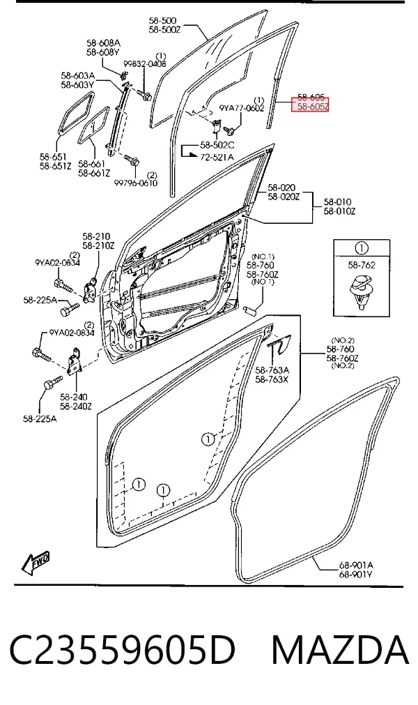 Guia de vidro de quadro da porta dianteira esquerda C23559605D Mazda