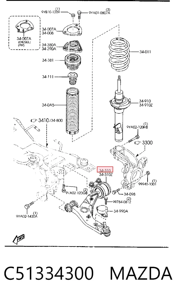 Braço oscilante inferior direito de suspensão dianteira C51334300 Mazda