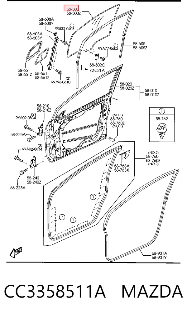 Vidro da porta dianteira direita CC3358511A Mazda