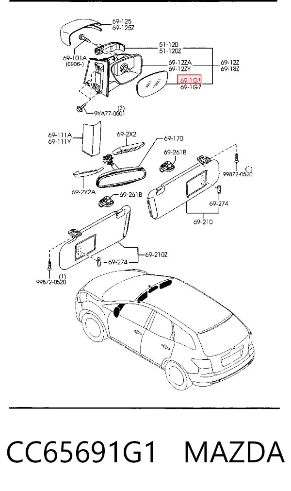 Elemento espelhado do espelho de retrovisão direito CC65691G1 Mazda