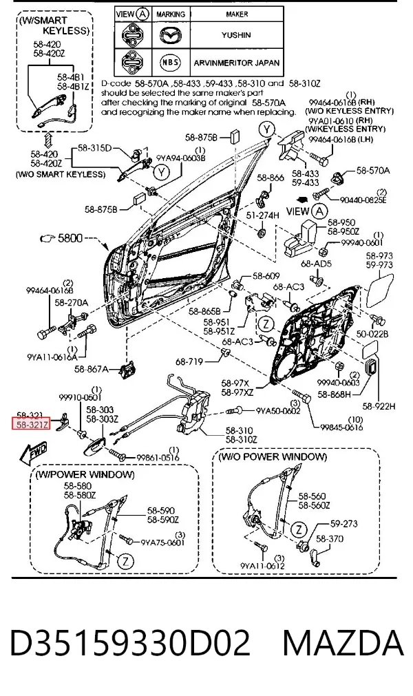 Maçaneta interna dianteira/traseira da porta esquerda D35159330D02 Mazda