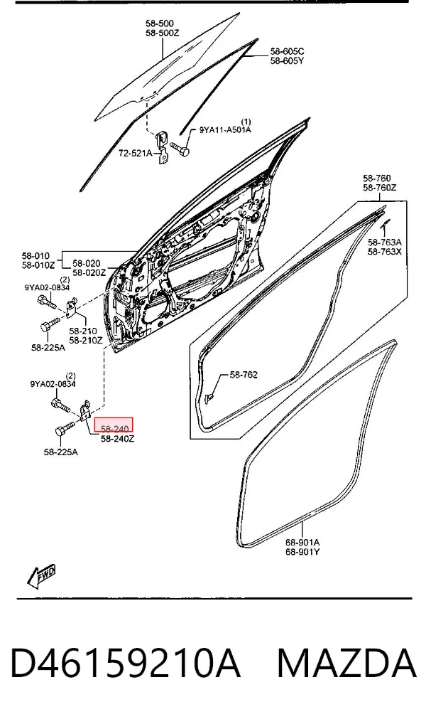 Gozno da porta dianteira direita D46159210A Mazda