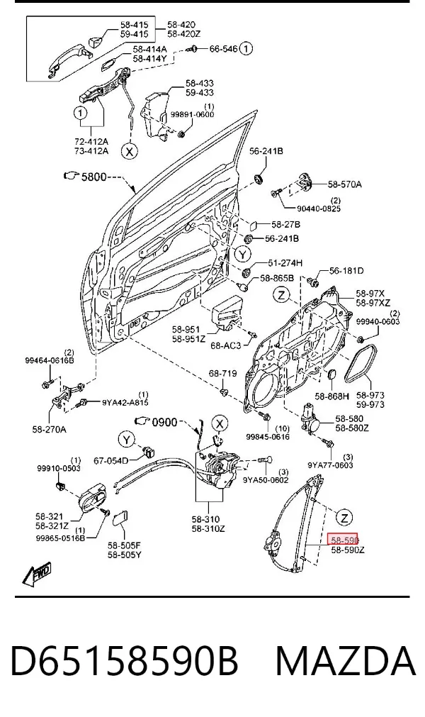 Mecanismo de acionamento de vidro da porta dianteira esquerda D65158590B Mazda