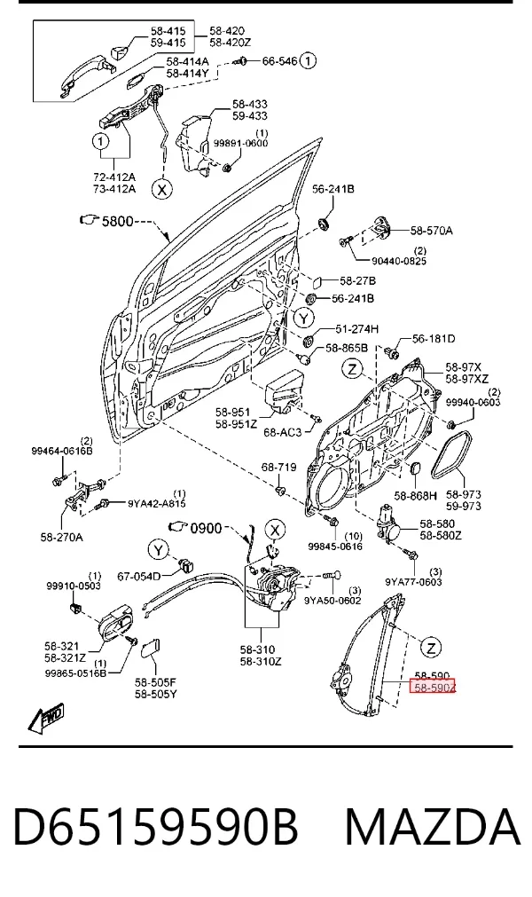 Mecanismo de acionamento de vidro da porta traseira direita D65159590B Mazda