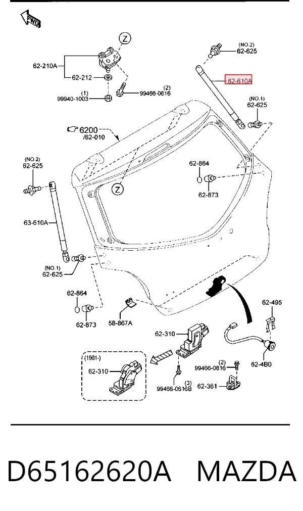 Amortecedor de tampa de porta-malas (de 3ª/5ª porta traseira) D65162620A Mazda