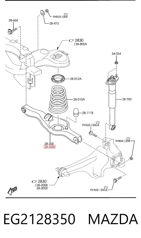Braço oscilante inferior esquerdo de suspensão traseira EG2128350 Mazda