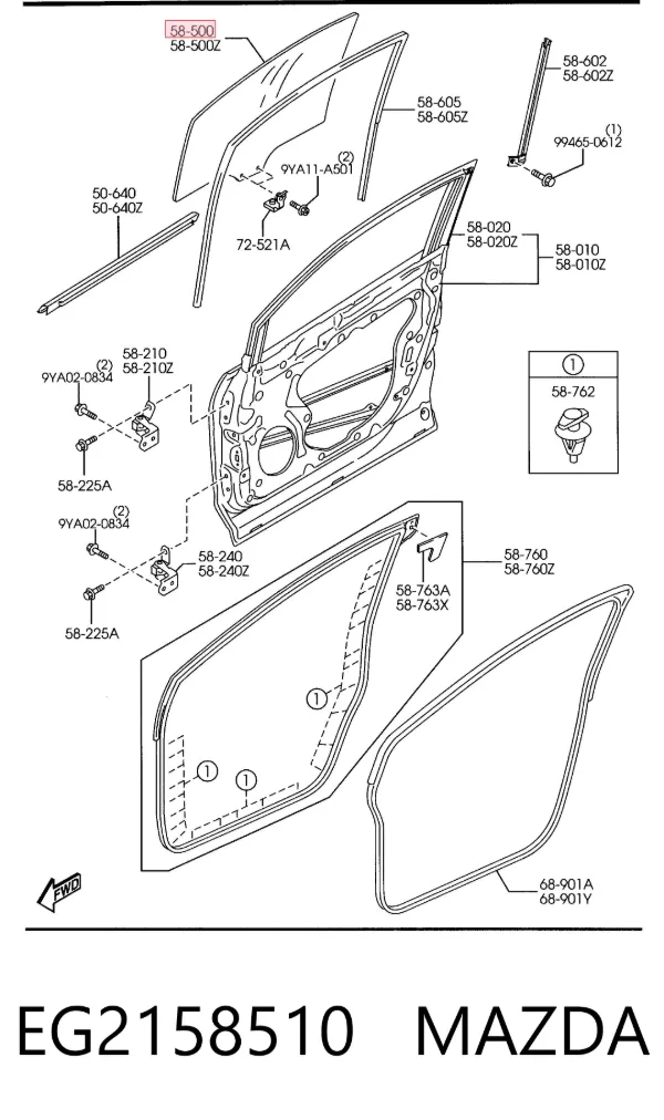 Vidro da porta dianteira direita EG2158510 Mazda