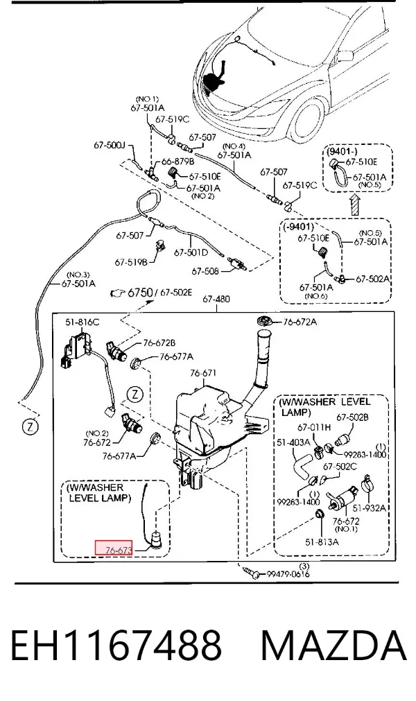 Sensor do nível de tanque de lavador de pára-brisas EH1167488 Mazda