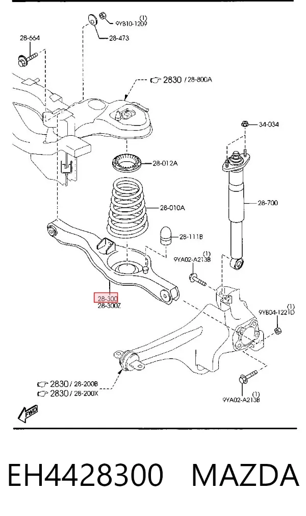 Braço oscilante inferior direito de suspensão traseira EH4428300 Mazda