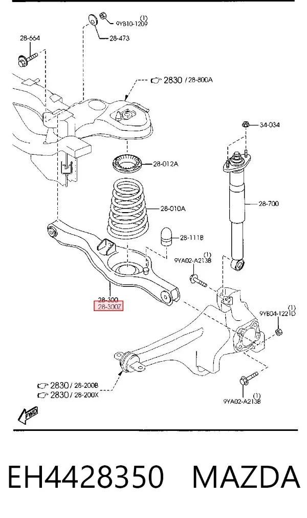 Braço oscilante inferior esquerdo de suspensão traseira EH4428350 Mazda
