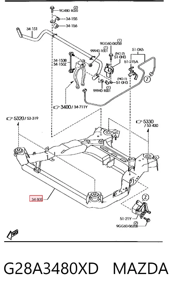 Viga de suspensão dianteira (plataforma veicular) G28A3480XD Mazda