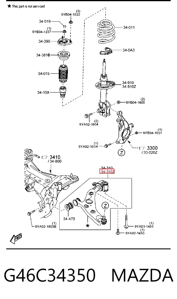 Braço oscilante inferior esquerdo de suspensão dianteira G46C34350 Mazda