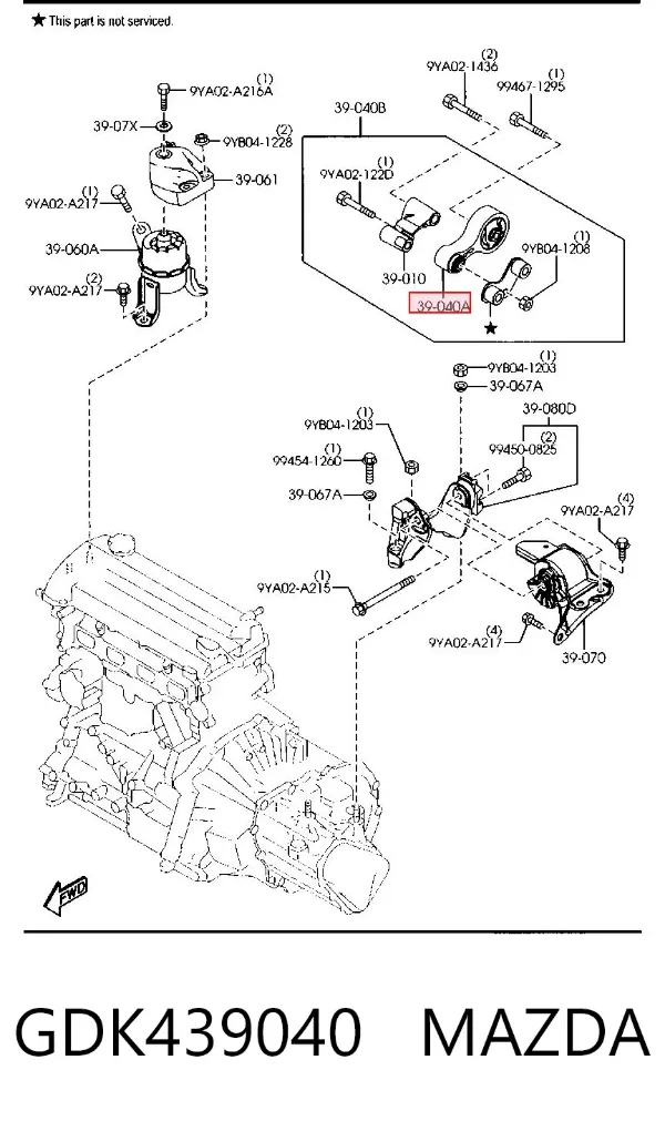 Coxim (suporte) traseiro de motor GDK439040 Mazda