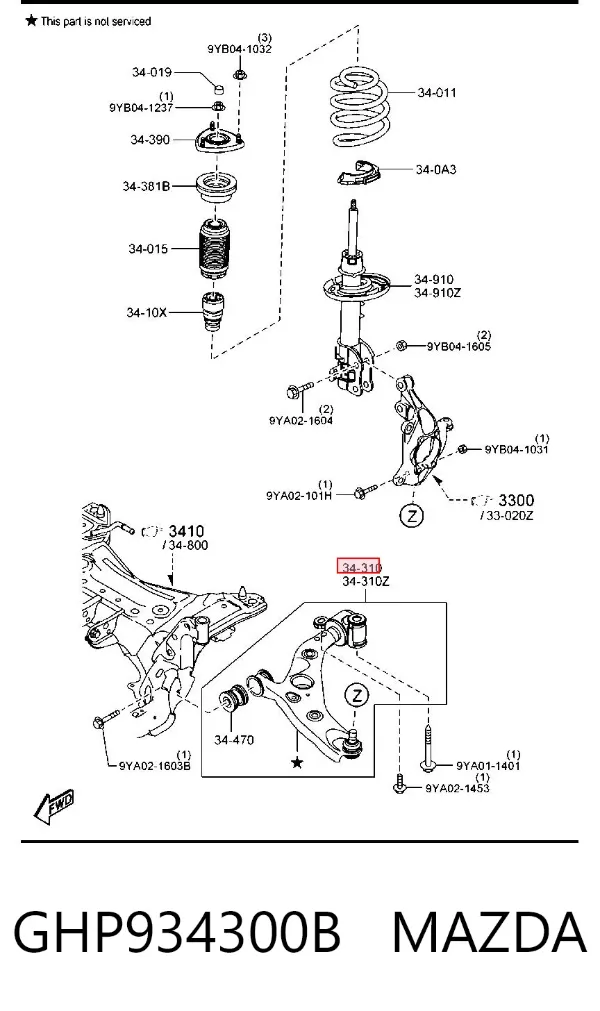 Braço oscilante inferior direito de suspensão dianteira GHP934300B Mazda
