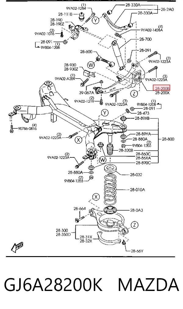 Braço oscilante (tração) longitudinal inferior direito de suspensão traseira GJ6A28200K Mazda