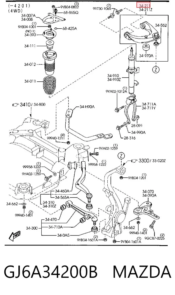 Braço oscilante superior direito de suspensão dianteira GJ6A34200B Mazda